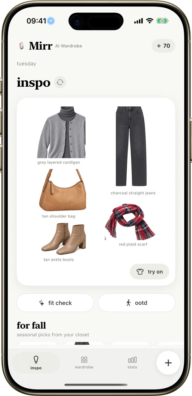 Mirr inspo screen showing today's editorial outfit card