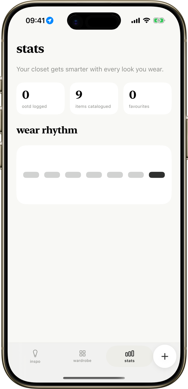 Stats screen with wear rhythm