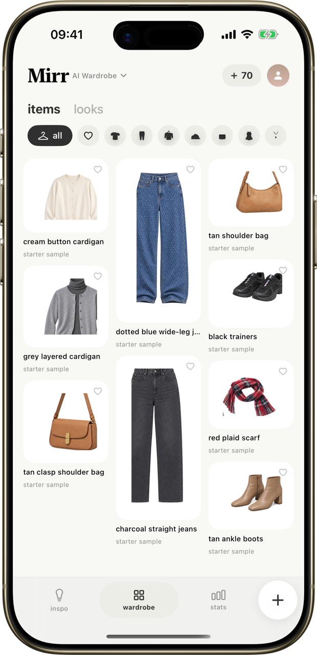 Wardrobe grid of catalogued clothing items